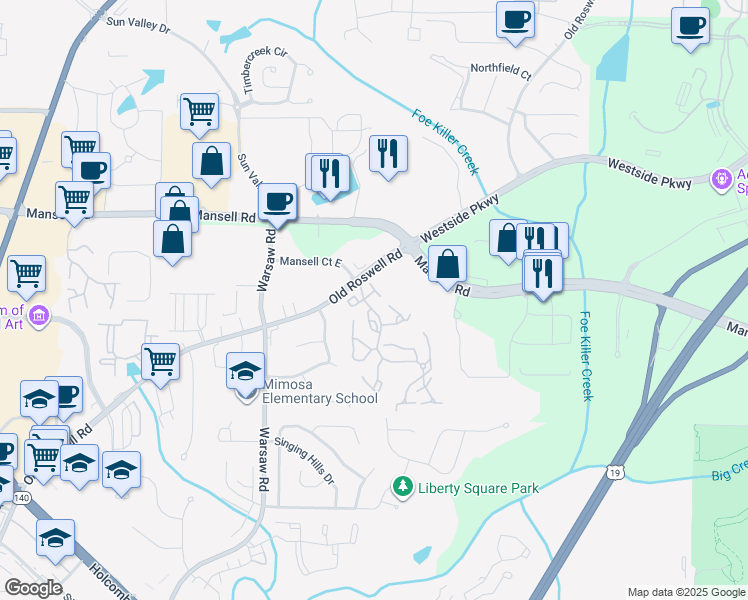 map of restaurants, bars, coffee shops, grocery stores, and more near 570 Huntington Place in Roswell
