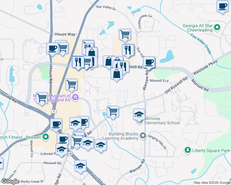 map of restaurants, bars, coffee shops, grocery stores, and more near 1286 Lowe Lane in Roswell