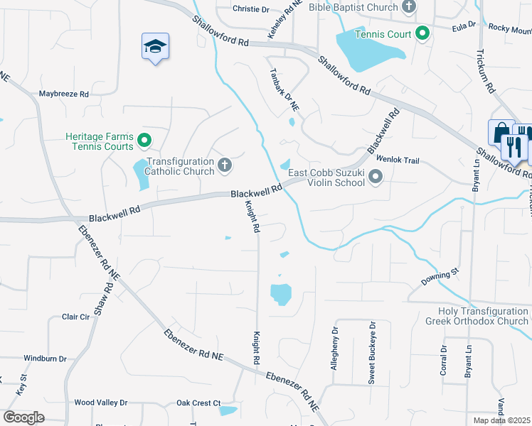 map of restaurants, bars, coffee shops, grocery stores, and more near 3670 Knight Road in Marietta