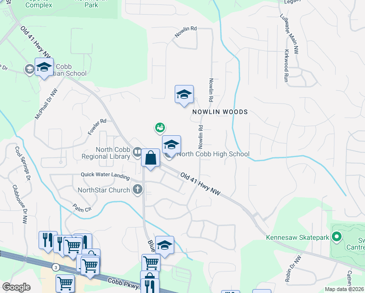 map of restaurants, bars, coffee shops, grocery stores, and more near 3418-3450 Old US Highway 41 in Kennesaw