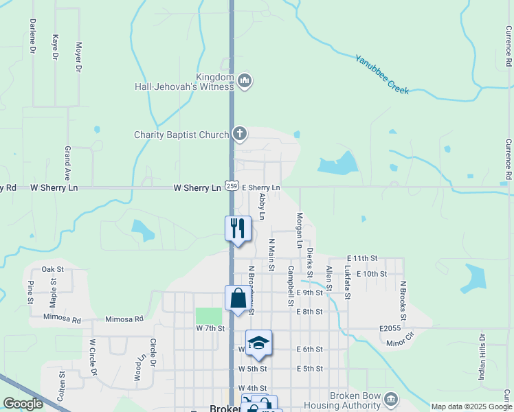 map of restaurants, bars, coffee shops, grocery stores, and more near 100 Abby Lane in Broken Bow