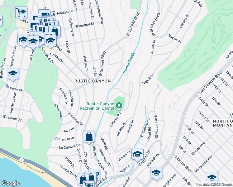 map of restaurants, bars, coffee shops, grocery stores, and more near 650 Hightree Road in Santa Monica