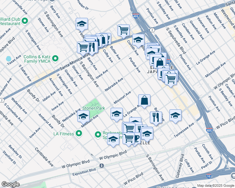 map of restaurants, bars, coffee shops, grocery stores, and more near 11637 Missouri Avenue in Los Angeles