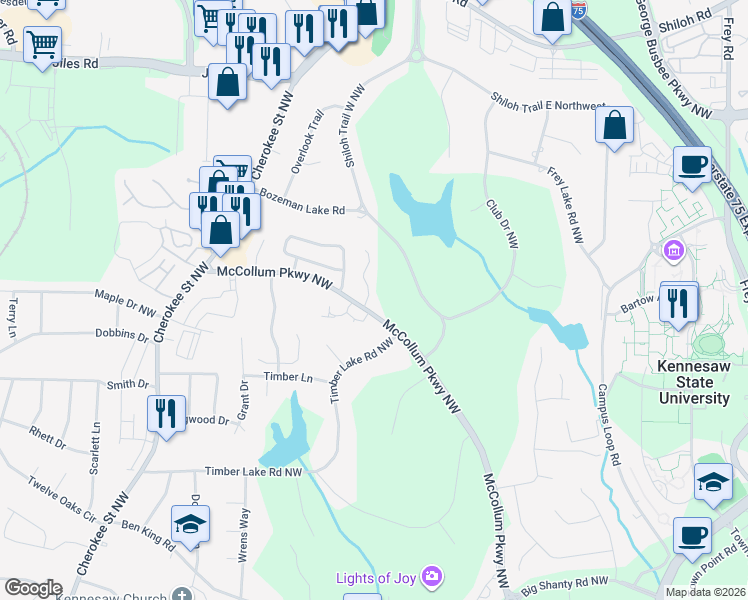 map of restaurants, bars, coffee shops, grocery stores, and more near 3579 Bozeman Lake Road in Kennesaw