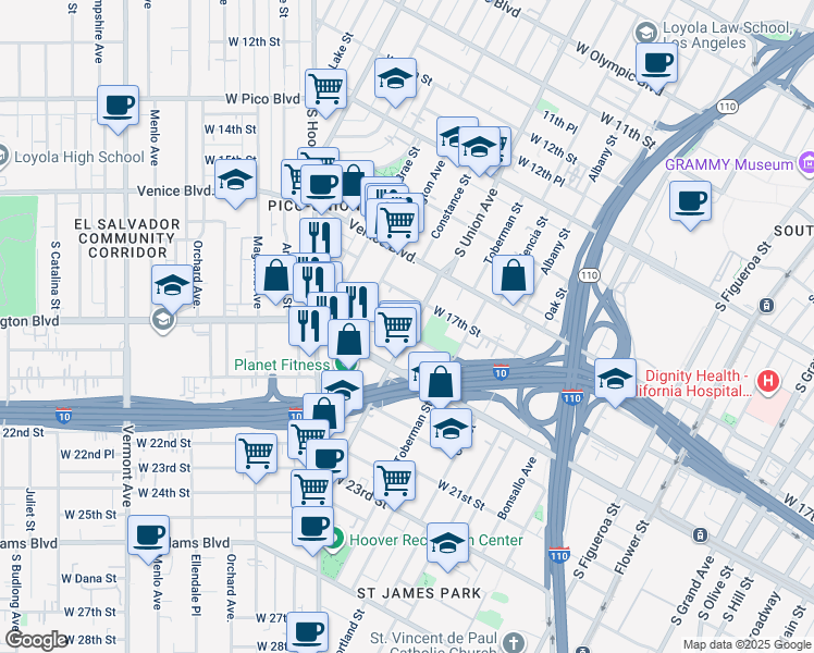 map of restaurants, bars, coffee shops, grocery stores, and more near 1102 West 18th Street in Los Angeles