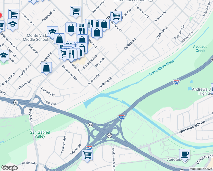 map of restaurants, bars, coffee shops, grocery stores, and more near 1840 Parkway Drive in El Monte
