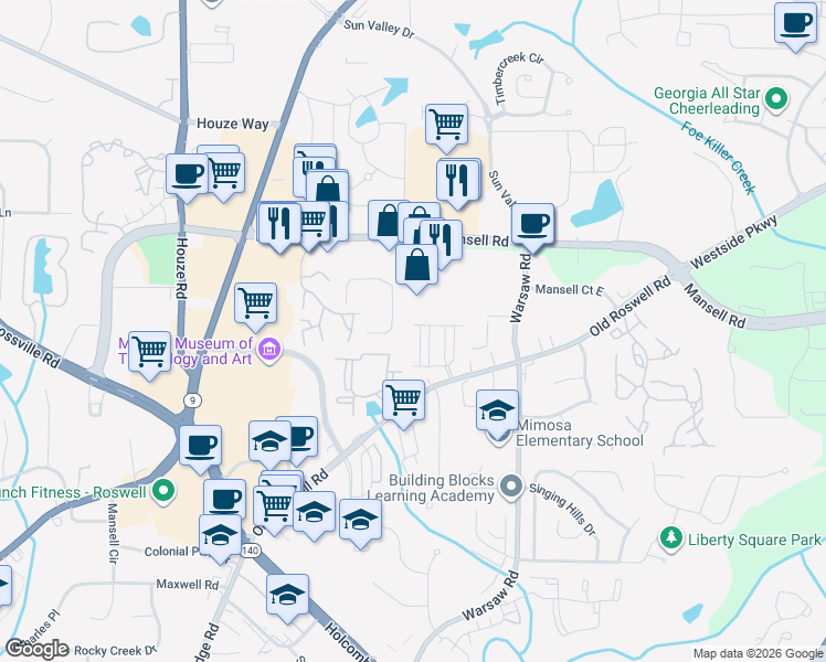 map of restaurants, bars, coffee shops, grocery stores, and more near 1286 Lowe Lane in Roswell