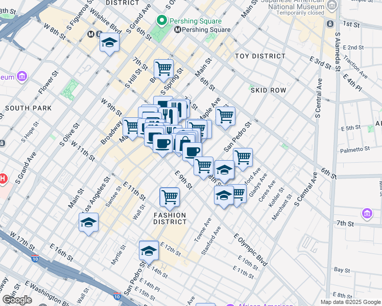 map of restaurants, bars, coffee shops, grocery stores, and more near 824 Wall Street in Los Angeles
