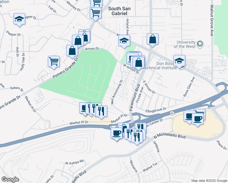 map of restaurants, bars, coffee shops, grocery stores, and more near 1661 Neil Armstrong Street in Montebello