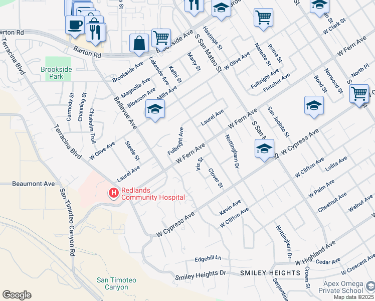 map of restaurants, bars, coffee shops, grocery stores, and more near 1324 West Fern Avenue in Redlands