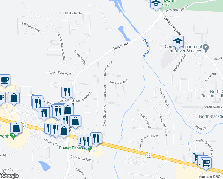 map of restaurants, bars, coffee shops, grocery stores, and more near 367 Darter Way Northwest in Kennesaw
