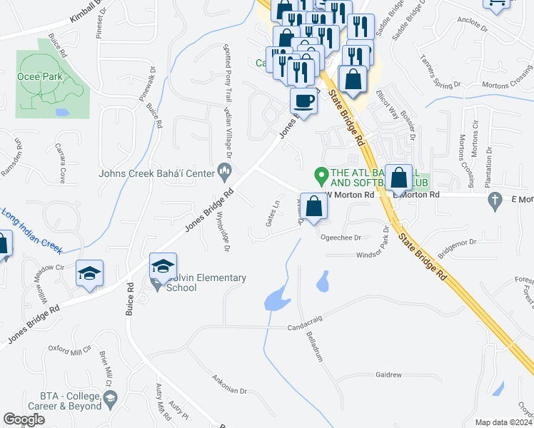 map of restaurants, bars, coffee shops, grocery stores, and more near 750 Gates Lane in Alpharetta