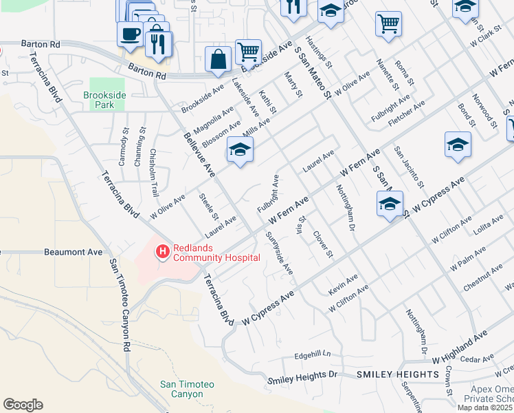 map of restaurants, bars, coffee shops, grocery stores, and more near 1444 Fulbright Avenue in Redlands