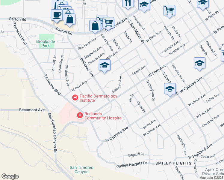 map of restaurants, bars, coffee shops, grocery stores, and more near 1444 Fulbright Avenue in Redlands