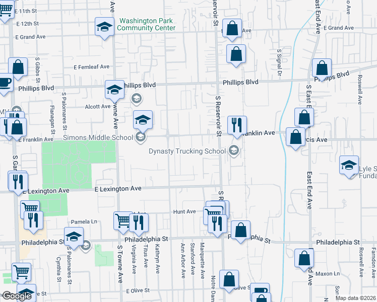 map of restaurants, bars, coffee shops, grocery stores, and more near 1762 Norval Street in Pomona