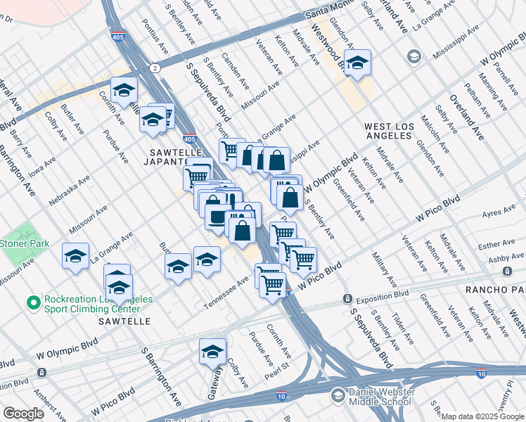 map of restaurants, bars, coffee shops, grocery stores, and more near 2173 Cotner Avenue in Los Angeles