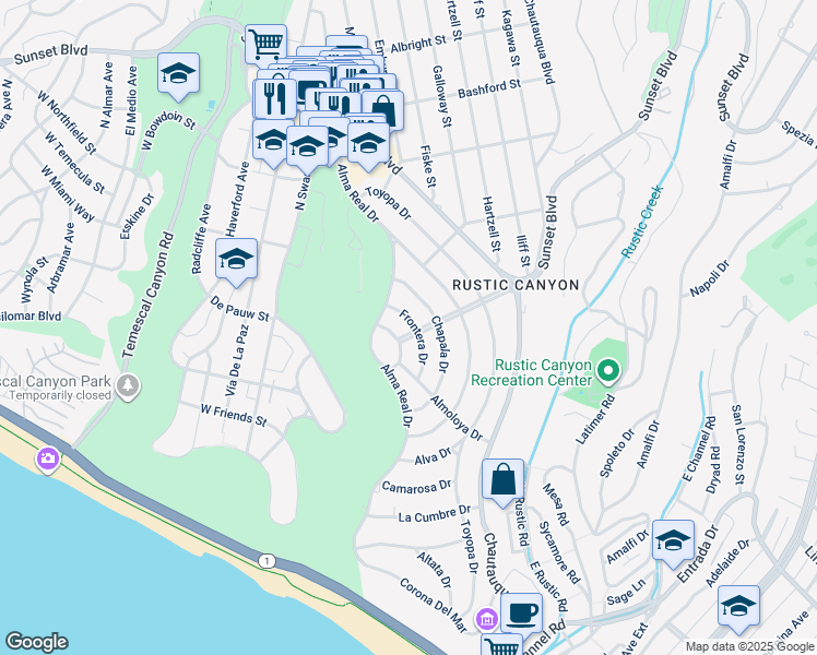 map of restaurants, bars, coffee shops, grocery stores, and more near 601 Frontera Drive in Los Angeles