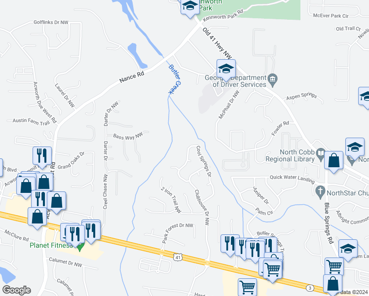 map of restaurants, bars, coffee shops, grocery stores, and more near 1162 Cool Springs Drive in Kennesaw