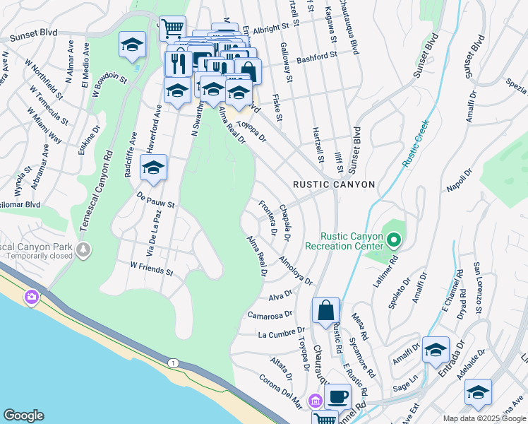 map of restaurants, bars, coffee shops, grocery stores, and more near 601 Frontera Drive in Los Angeles