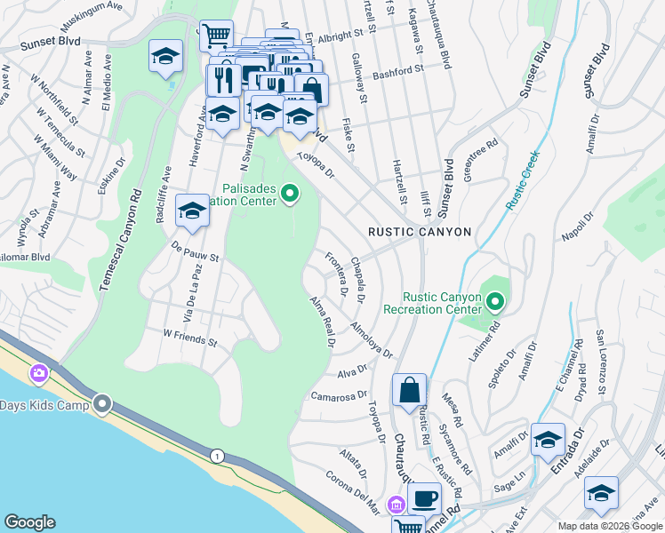 map of restaurants, bars, coffee shops, grocery stores, and more near 601 Frontera Drive in Los Angeles
