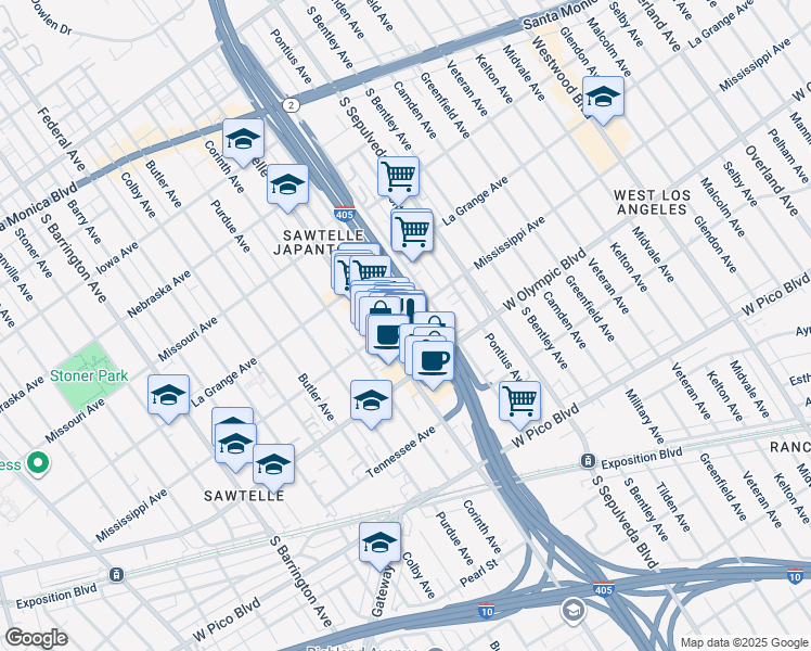 map of restaurants, bars, coffee shops, grocery stores, and more near 11254 Mississippi Avenue in Los Angeles