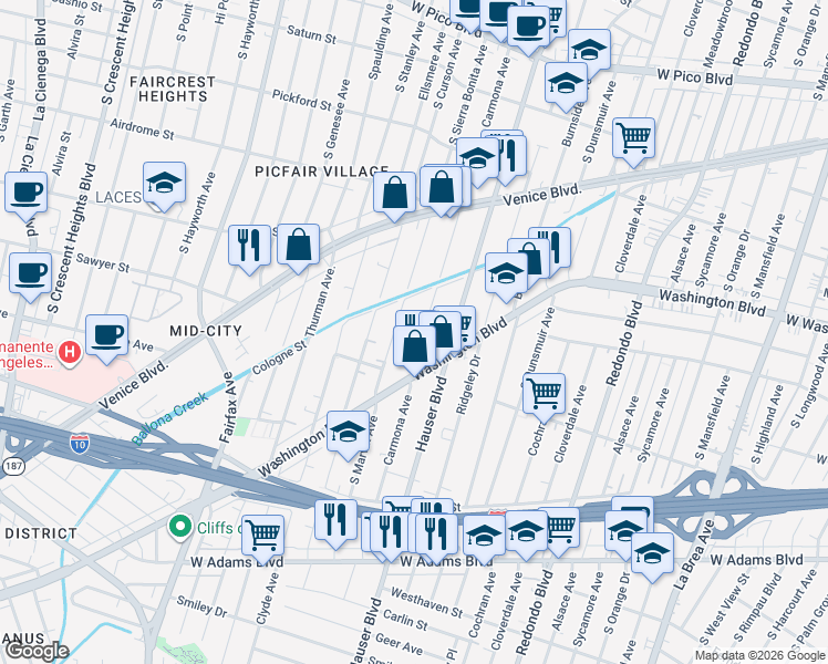 map of restaurants, bars, coffee shops, grocery stores, and more near 1907 Carmona Avenue in Los Angeles