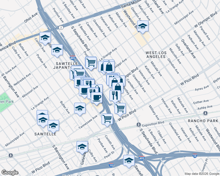 map of restaurants, bars, coffee shops, grocery stores, and more near 11150 West Olympic Boulevard in Los Angeles