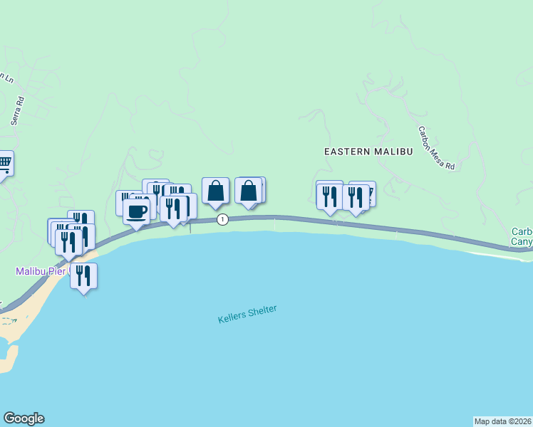 map of restaurants, bars, coffee shops, grocery stores, and more near 22467 California 1 in Malibu
