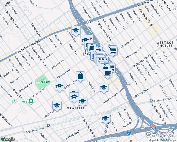 map of restaurants, bars, coffee shops, grocery stores, and more near Purdue Avenue in Los Angeles