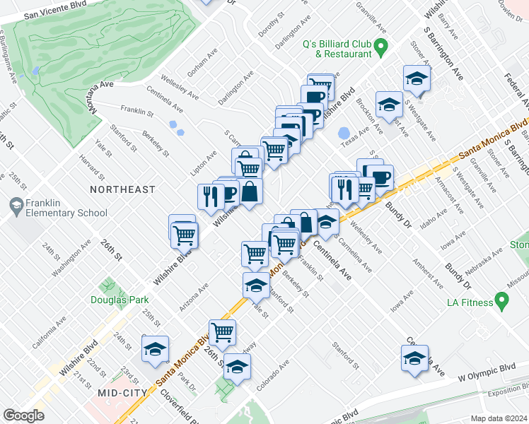 map of restaurants, bars, coffee shops, grocery stores, and more near 1243 Franklin Street in Santa Monica