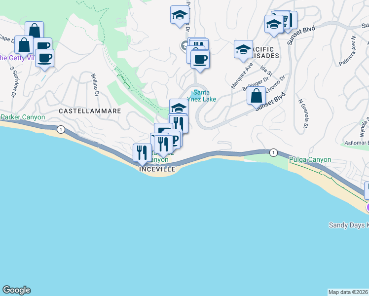 map of restaurants, bars, coffee shops, grocery stores, and more near 17350 Sunset Boulevard in Los Angeles