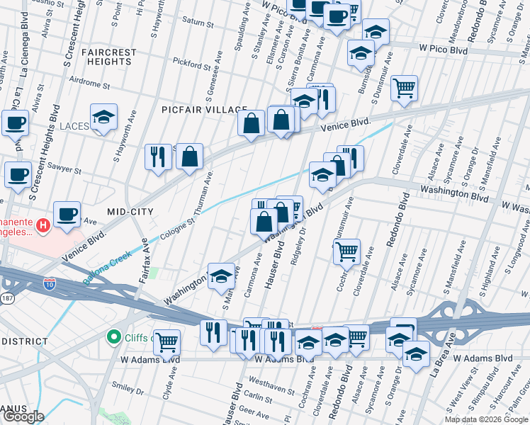 map of restaurants, bars, coffee shops, grocery stores, and more near 1907 Carmona Avenue in Los Angeles