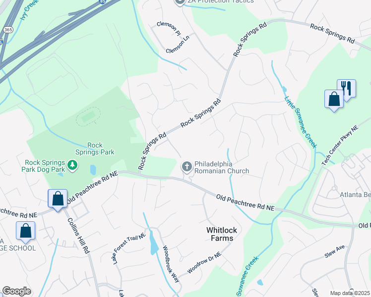 map of restaurants, bars, coffee shops, grocery stores, and more near 617 Rock Springs Road in Lawrenceville