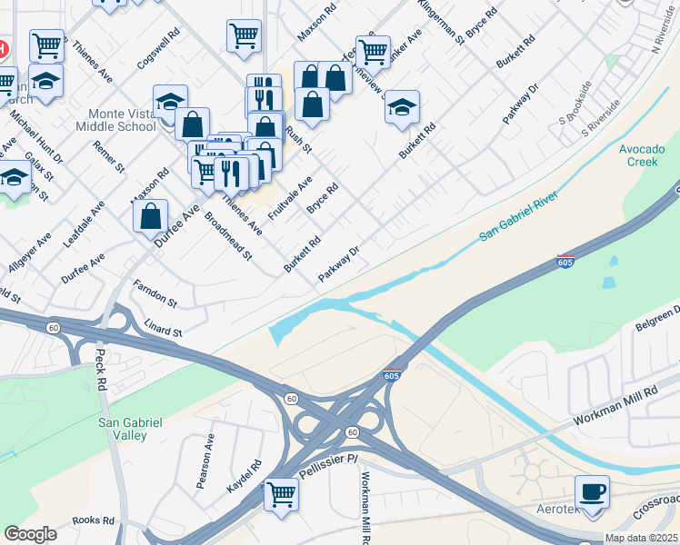 map of restaurants, bars, coffee shops, grocery stores, and more near 1840 Parkway Drive in El Monte