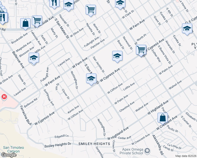 map of restaurants, bars, coffee shops, grocery stores, and more near 1188 West Cypress Avenue in Redlands