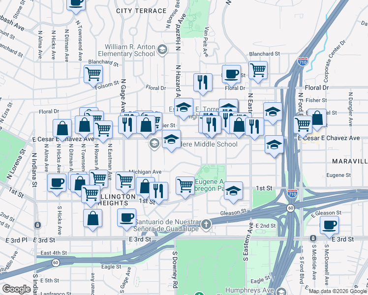 map of restaurants, bars, coffee shops, grocery stores, and more near 4039 San Carlos Street in Los Angeles