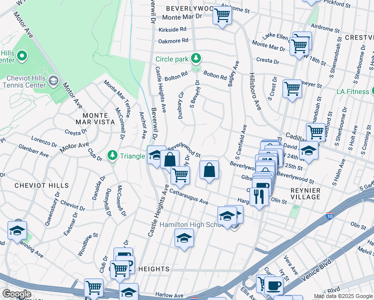map of restaurants, bars, coffee shops, grocery stores, and more near 9600 Beverlywood Street in Los Angeles