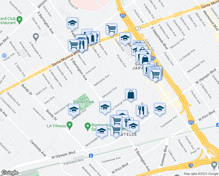map of restaurants, bars, coffee shops, grocery stores, and more near 1845 Federal Avenue in Los Angeles