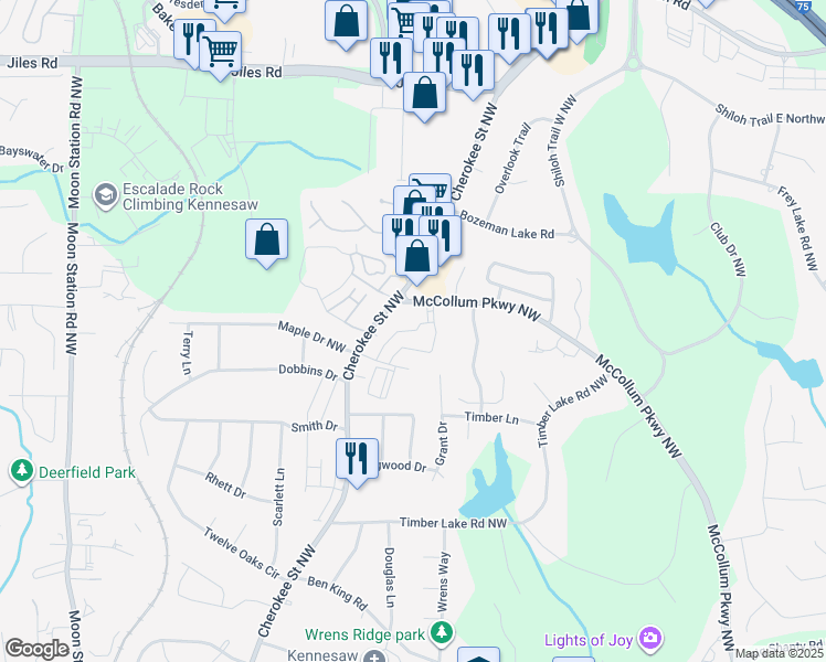 map of restaurants, bars, coffee shops, grocery stores, and more near 1880 Maple Drive Northwest in Kennesaw