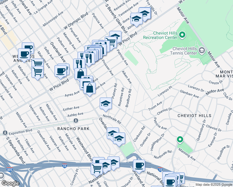 map of restaurants, bars, coffee shops, grocery stores, and more near 10568 Putney Road in Los Angeles
