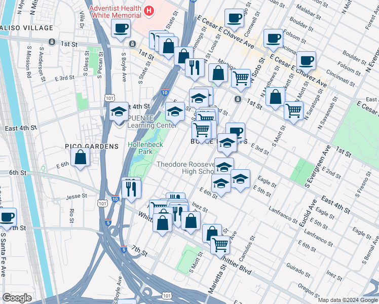 map of restaurants, bars, coffee shops, grocery stores, and more near 451 South Breed Street in Los Angeles