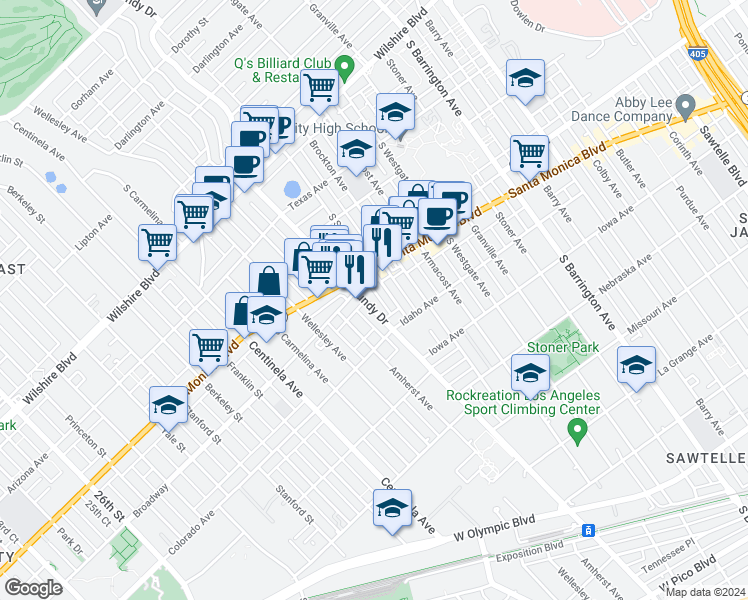 map of restaurants, bars, coffee shops, grocery stores, and more near 1532 South Bundy Drive in Los Angeles