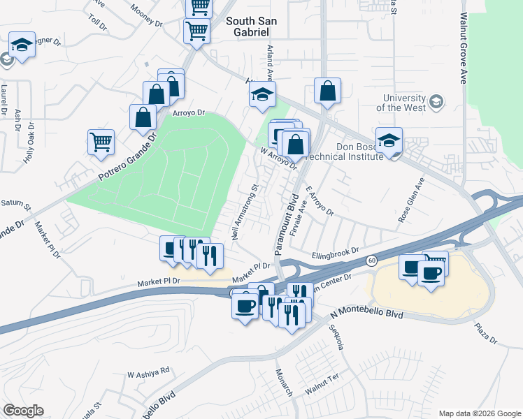 map of restaurants, bars, coffee shops, grocery stores, and more near 326 Ridge Terrace Lane in Montebello