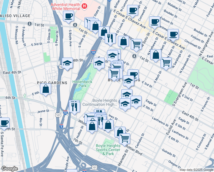 map of restaurants, bars, coffee shops, grocery stores, and more near 516 South Chicago Street in Los Angeles