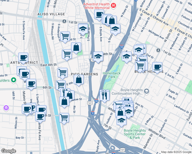 map of restaurants, bars, coffee shops, grocery stores, and more near 573 South Boyle Avenue in Los Angeles