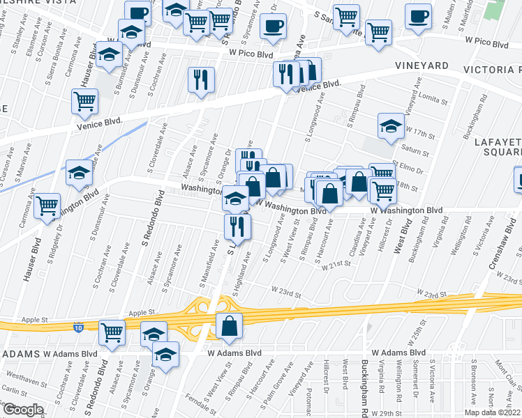 map of restaurants, bars, coffee shops, grocery stores, and more near 4917 West 20th Street in Los Angeles