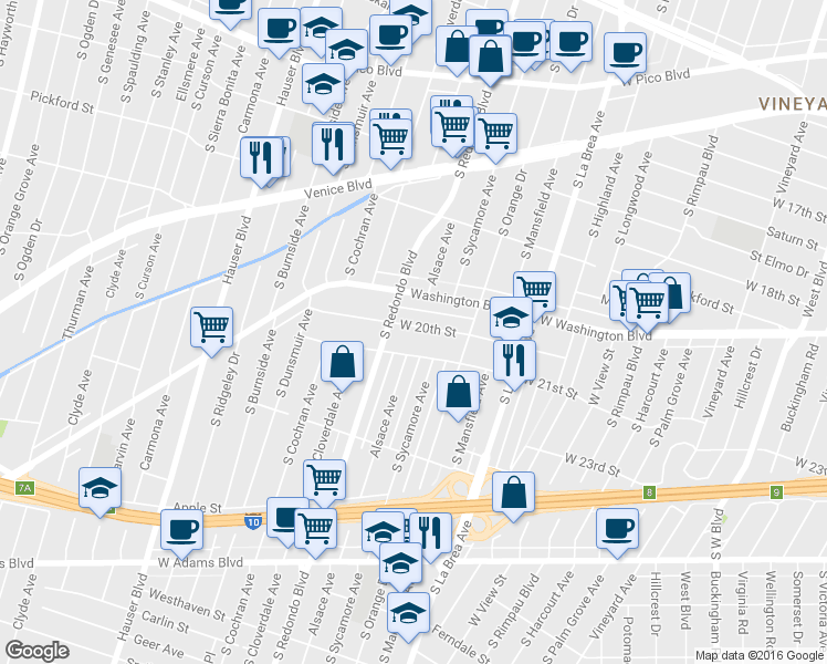 map of restaurants, bars, coffee shops, grocery stores, and more near 5147 West 21st Street in Los Angeles