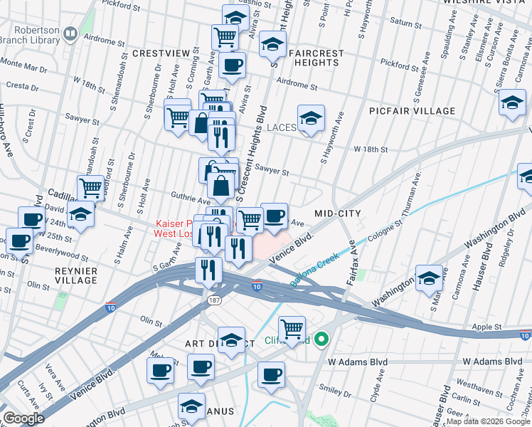 map of restaurants, bars, coffee shops, grocery stores, and more near 2007 South Point View Street in Los Angeles