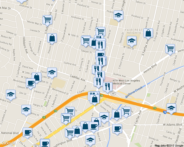 map of restaurants, bars, coffee shops, grocery stores, and more near in Los Angeles