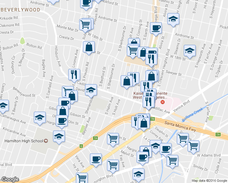 map of restaurants, bars, coffee shops, grocery stores, and more near 2050 South Holt Avenue in Los Angeles